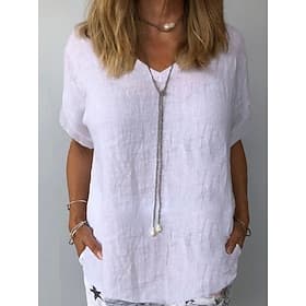 Per donna Camicie effetto lino Maglietta Camicia di cotone Semplice Essenziale Classico Casual Manica Corta Scollo a V Top Regolari Quotidiano Uscire Weekend B
