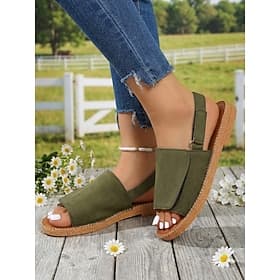 Sandales plates décontractées vert kaki pour femmes - chaussures plates confortables à bout ouvert et bride arrière, idéales pour la plage en été et les voyage