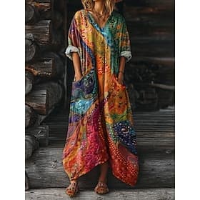 Damen Midikleid Boho-Kleid Freizeitkleid Druckkleid Vintage Outdoor Urlaub Wochenende Lässiger Schnitt Grafik Batik Langarm V Ausschnitt Rote Orange Sommer Frü