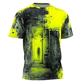 Neongelbes Herren-T-Shirt mit industriellem Flur-Silhouette-Schattenmotiv im Used-Look, Grunge-, Cyberpunk- und Streetwear-Stil, edgy Techwear, Regular Casual