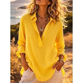 Women's Linen Shirts Summer Shirt Beach Wear Blouse Buttons Solid Color Stylish Basic Casual Long Sleeve Shirt Collar Regular Tops Daily Blue White Yellow Pink