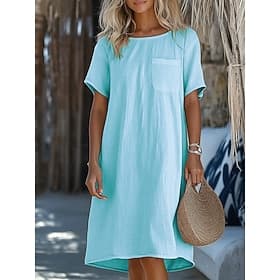 Women's Knee Length Dress Casual Dress Cotton Dress T Shirt Dress Tee Dress Fashion Modern Daily Vacation Going out Loose Fit Plain Short Sleeve Crew Neck Blue