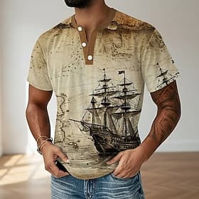 Homme Vintage Voilier T-shirt Chemise Henley Manche Courte Designer Rétro Vintage Occasionnel Occasionnel Quotidien Rue Été Printemps Toutes saisons Bleu Vert