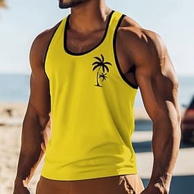 Men's Twin Palm Tree Silhouette Graphic Tropical Hawaiian Minimalist Yellow Tank Top Vest Sleeveless Shirt U Neck Summer Beach Vacation Holiday Gym Sports Casu