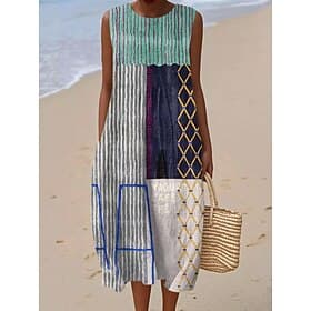 Women's Midi Dress Shift Dress Sundress A Line Dress Vacation Casual Boho Beach Going out Loose Fit Graphic Geometric Abstract Sleeveless Crewneck White Yellow