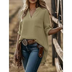 Women's Cotton Linen Shirts Summer Tops Blouse Dressy Tops Ruched Patchwork Pocket Solid Color Plain Elegant Vintage Ladies 3/4 Length Sleeve Shirt Collar Regu