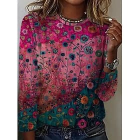 Damen T Shirt Druck Blumen Grafik Pflanzen Bohemien Vintage Stilvoll Langarm Rundhalsausschnitt Normale Oberteile Täglich Wochenende Urlaubskleidung Blau Schwa
