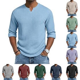 Men's Waffle Tee T Shirt Long Sleeve V Neck Summer Spring Fall All Seasons Solid Color Textured Knitwear Daily Casual V Neck Casual Daily Outdoor Red Top Tee