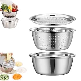 Ensemble de cuisine 3 pièces en acier inoxydable avec broyeur intégré, filtre multifonction et bol mélangeur, idéal pour nettoyer et trancher les fruits, les l