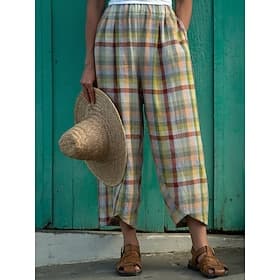 Mujer Chinos Vacaciones Vintage Ropa de calle Longitud total Alta cintura Graphic Plaid Bolsillo Cintura elástica Estampado Comodidad Suave Cómodo Microelástic