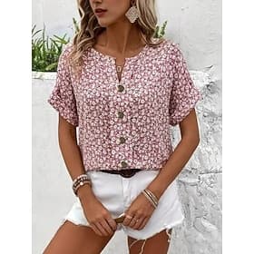 Women's T Shirt Tee Top Buttons Print Floral Fashion Stylish Classic Short Sleeve Crew Neck Regular Tops Daily Going out Weekend Blue Pink Navy Blue Purple Sum