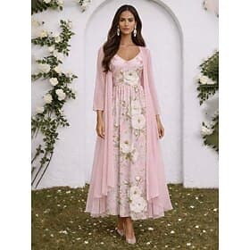 Dame Kjolesett Kjole med A-linje Elegant Ferie Blomstret Grafisk Multi Layer Trykt mønster Maxikjole 3/4 ermer V-hals Formell Rosa Lilla Grønn Sommer Vår Norma