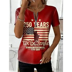 Independence Day American Anniversary Patriotic Women's T Shirt Zipper Graphic American Flag Stylish Classic Casual Short Sleeve Crew Neck Regular Tops Daily W