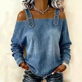 Women's Blouse Backless Solid Color Elegant Vacation Vintage Long Sleeve Off Shoulder Regular Tops Daily Outdoor Streetwear Blue Light Blue Dark khaki fabric B