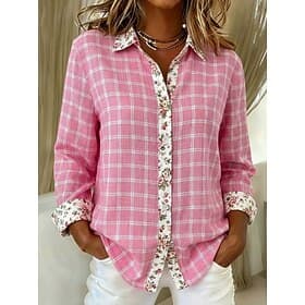 Women's Shirt Faux Cotton Linen Buttons Print Plaid Vintage Classic Casual Long Sleeve Shirt Collar Regular Tops Daily Holiday Black White Pink Navy Blue Sprin