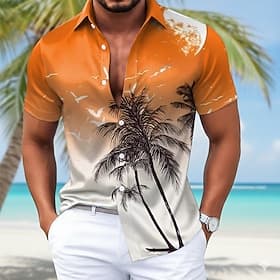 Voor heren Kokosnootboom Overgangskleur Tropische planten Satijnen overhemd Hawaiiaanse shirts Aloha-shirt Korte mouw Hawaii Dagelijks Vakantie Zomer Lente Str