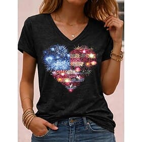 American Independence Day Women's T Shirt Print Graphic Flag Vintage Stylish Classic Short Sleeve V Neck Regular Tops Daily Blue Black White Red Summer Spring