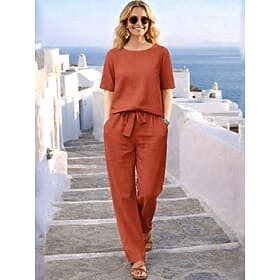 Women's Linen-feel Set Pants Sets Bolero Short Sleeve Round Neck Solid Color Fashion Streetwear Casual Daily Outdoor Blue Khaki Orange Summer Loose Fit