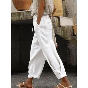 Women's Linen-feel Pants Wide Leg Chinos Casual Pants Vacation Basic Casual Ankle-Length High Waist Plain Pocket Elastic Waistband Comfy Comfort Soft Inelastic