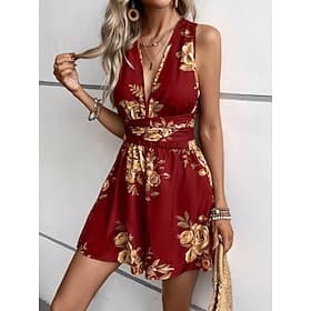 Damen Minikleid A Linie Kleid Halterkleid Urlaub Lässig Outdoor Ausgehen Normale Passform Blumen Ärmellos V Ausschnitt Schwarz Wein Marineblau Dunkelgrün Somme