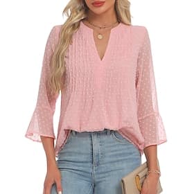 Dames Blouse Kant Knop Effen Kleur Elegant Stijlvol Basic 3/4 mouw V-hals Normale tops Dagelijks Zwart Wit Blozend Roze Rood Zomer Lente Herfst