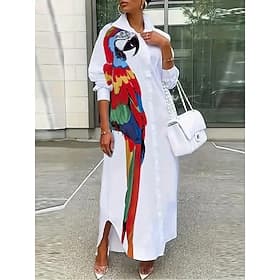 Damen Maxikleid Hemdblusenkleid Freizeitkleid Druckkleid Elegant Mode Modern Outdoor Urlaub Wochenende Normale Passform Grafik Tiermotiv Langarm Hemdkragen Wei