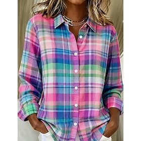 Women's Shirt Buttons Print Graphic Plaid Vintage Stylish Modern Long Sleeve Shirt Collar Regular Tops Daily Blue Yellow Purple Orange Green Summer Spring