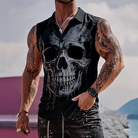 Herren Schädel Skelett Hemd Knopfhemd Ärmelloses Shirt Ärmellos Dunkler Gothic-Stil Outdoor Lässig Sommer Frühling Umlegekragen 3D-Druck Zwei Fronttaschen Schw