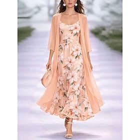 Women's Dress Set A Line Dress Elegant Vacation Floral Graphic Layered Print Maxi Dress 3/4 Length Sleeve V Neck Daily Vacation Pink Purple Orange Summer Sprin