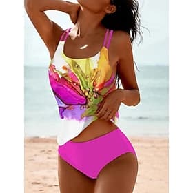 Damen Badeanzug Tankini Zweiteilig Freche Unterhose Bademode Bauchkontrolle Hohe Taille Schlank Rückenfrei Urlaub Strandbekleidung Blumen U-Ausschnitt Ärmellos