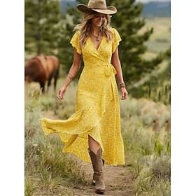Women's Midi Dress Casual Dress Wrap Dress Floral Dress Elegant Fashion Modern Outdoor Vacation Going out Regular Fit Floral Short Sleeve V Neck Black Yellow C