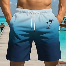 Men's Coconut Tree Gradient Color Tropical Plants Swim Trunks Swim Shorts Board Shorts Mid Waist Hawaiian Beach Vacation Wear Side Pockets Mesh Lining Elastic