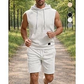Men's Tracksuit Jogging Suit Workout Suits Drawstring 2 Piece Solid Colored Athletic Clothing Set Summer Spring Black White Gym Workout Jogging Running Moistur