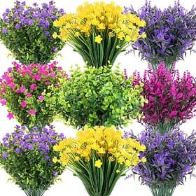 24 Bundles Artificial Spring Flowers for Outdoor Fake UV Resistant Flower Plants Boxwood Faux Plastic Shrubs Plants for Patio Porch Garden Hanging Vase Pots Ho