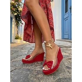 Sandales compensées rouges éclatantes pour femmes - élégantes mules à plateforme avec bride transparente Détail nœud pour les vacances d'été, les stations baln