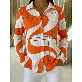 Women's Waffle Shirt Blouse Buttons Print Geometric Vacation Daily Casual Long Sleeve Shirt Collar Regular Tops Daily Outdoor Holiday Black Pink Red Orange Sum