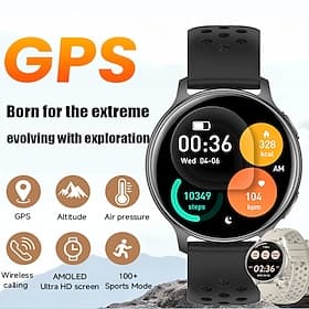 GPS Smart Watch with Wireless Calling, AMOLED Ultra HD Screen, Built-in Altimeter Barometer, 100 Sports Modes, Heart Rate Sleep Monitor, Outdoor Adventure Fit