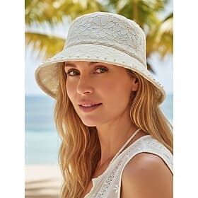 Damen-Sonnenhut aus Polyester mit Spitze und Kunstperlenbesatz, faltbar und tragbar, in verschiedenen Farben erhältlich, für Freizeit, Urlaub und Strandurlaub