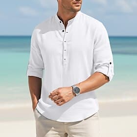 Men's Shirt Linen Shirt Summer Shirt Beach Wear Button Up Shirt Plain Casual Daily White Navy Blue Brown Light Blue Long Sleeve Stand Collar Summer Spring Sum