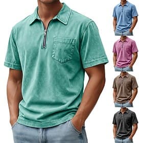 SoftFade™ Men's Zip Polo 100% Cotton Acid Wash Shirt Casual Daily Wear Quarter Zip Short Sleeve Fashion Basic Plain Denim Pocket Distressed Summer SpringRegula