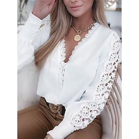 Women's Shirt Lace Splicing Top Blouse Lace Patchwork Eyelet Plain Elegant Vacation Vintage Long Sleeve V Neck Regular Tops Daily Holiday Going out Black White
