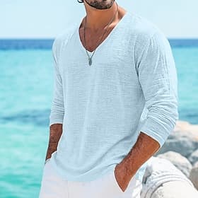 Per uomo Maglietta Maglietta in lino Manica Lunga Scollo a V Primavera Estate Estate Primavera Tinta unica Semplice Quotidiano Casual Stile da Strada Puro Cas