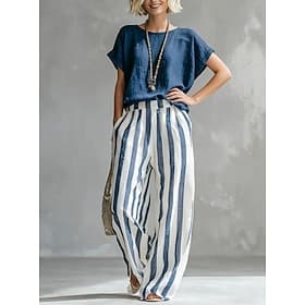 Women's Linen-feel Set Pants Sets Short Sleeve Crew Neck Graphic Striped Fashion Streetwear Casual Daily Outdoor Blue Black Yellow Spring Summer Loose Fit