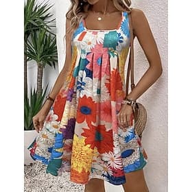 Femmes Mini Robe Robe d'Été Robe trapèze Robe d'été Robe bustier Vacances Occasionnel Plage Sortir Coupe régulière Fleuri Graphique Sans manches Col en U Rouge