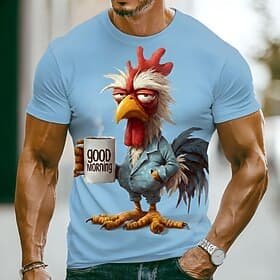 Men's Animal Rooster Funny Grumpy T Shirt Short Sleeve T shirt 3D Print Crew Neck Shirt Exaggerated Designer Party Holiday Blue Lake Blue Green Summer Spring C