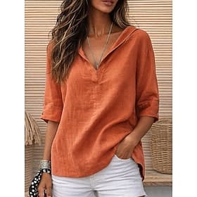 Women's Blouse Faux Linen Shirt Plain Stylish Casual 3/4 Length Sleeve V Neck Regular Tops Daily Blue Black White Yellow Orange Summer Spring Fall