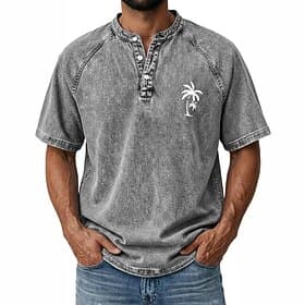 SoftFade™ Men's Coconut Tree T Shirt Demin Shirt 100% Cotton Acid Wash Shirt Short Sleeve Vintage Streetwear Casual Home Street Summer Spring Black Light Green