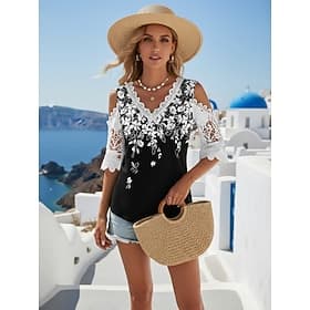 Women's Cold Shoulder Tops Blouse Lace Tops Lace Floral Graphic Stylish Basic Classic Sleeveless Short Sleeve Crew Neck V Neck Regular Tops Daily Holiday Going