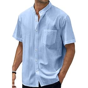 Herren Hemd Leinenhemd Sommerhemd Strandbekleidung Knopfhemd Einfarbig Lässig Urlaub Marineblau Himmelblau Khaki Kurzarm Stehkragen Sommer Frühling Bekleidung