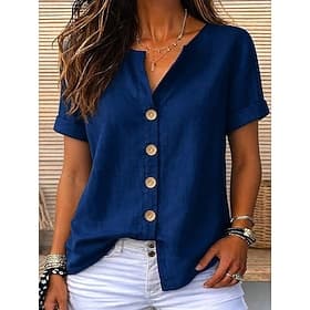 Femmes Chemise Coton mélangé Chemise en lin Chemise Bohème Couleur Unie Uni ancien Élégant Manche Courte Col en V Hauts Longs Quotidien Extérieur Vêtements de